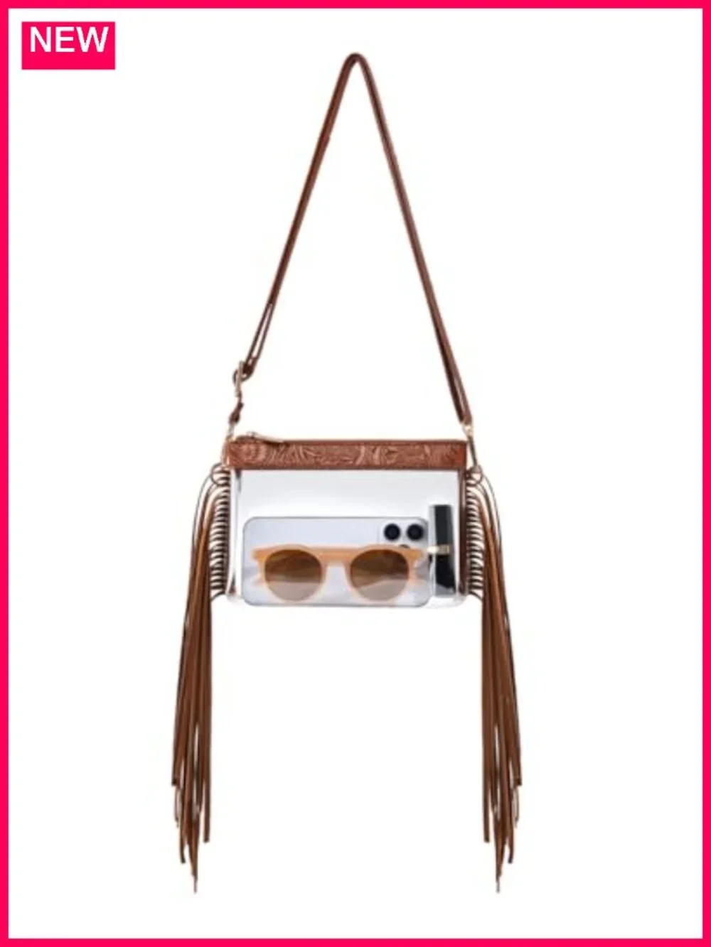Clear Stadium Approved Crossbody Bag with Faux Leather Trim and Fringe